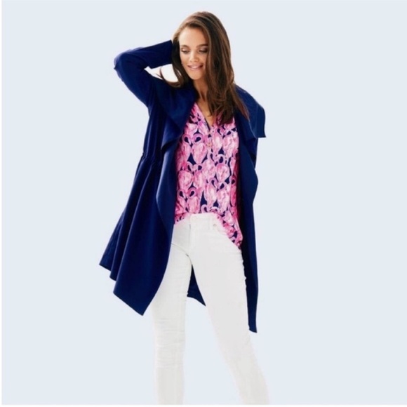 LILLY PULITZER VALERIA DRESS COAT True Navy Blue Jacket Trench Open Front Large - Picture 6 of 9
